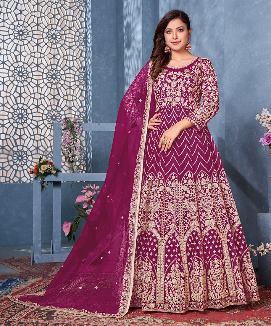 Women's Magenta Net Designer Floor Length Anarkali Suit