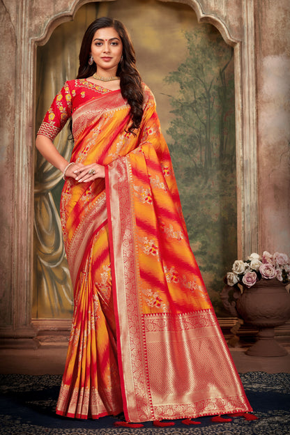 Women's Red and Orange Weaving Zari Work Banarasi Silk Classic Saree