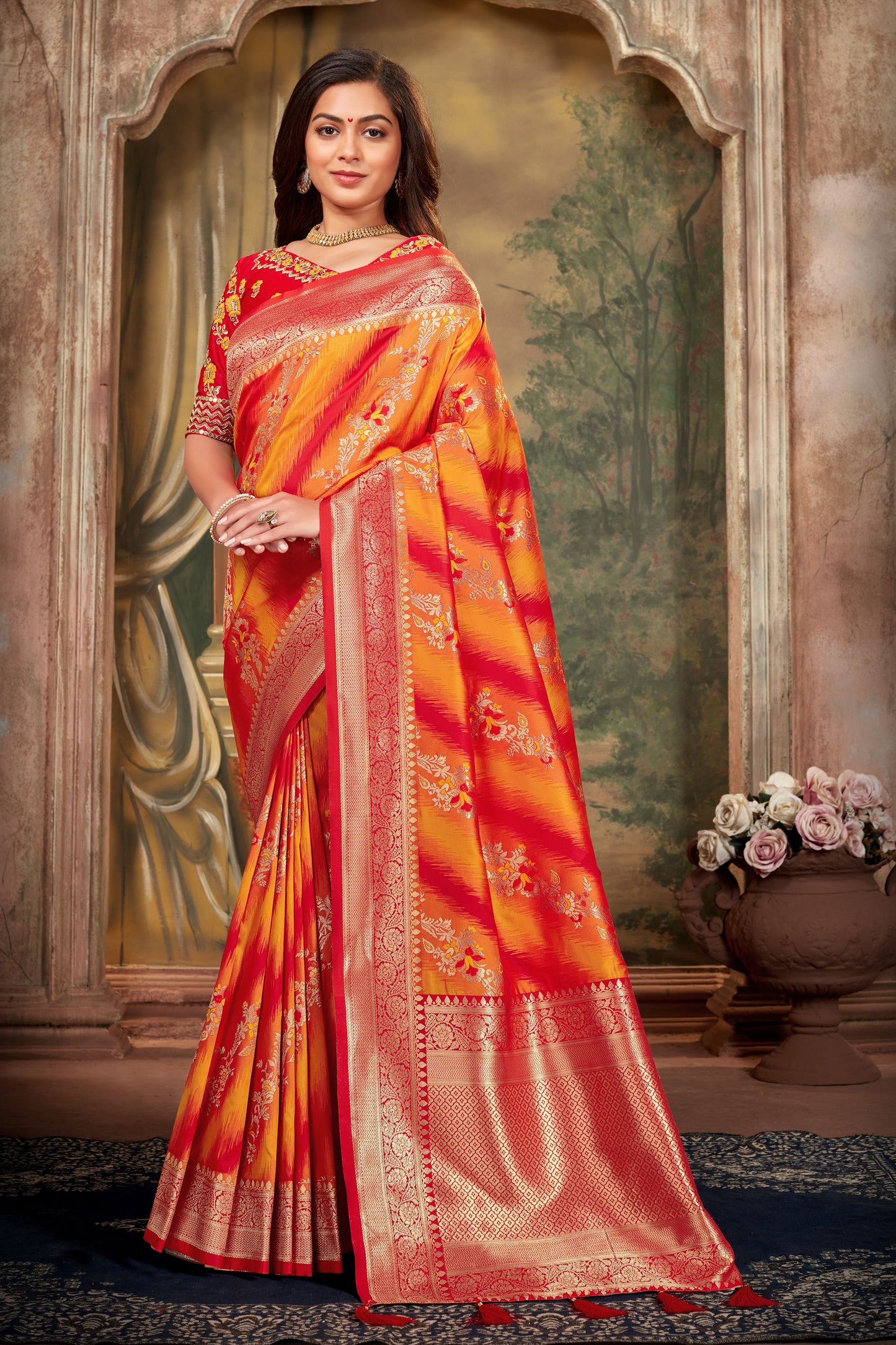 Women's Red and Orange Weaving Zari Work Banarasi Silk Classic Saree