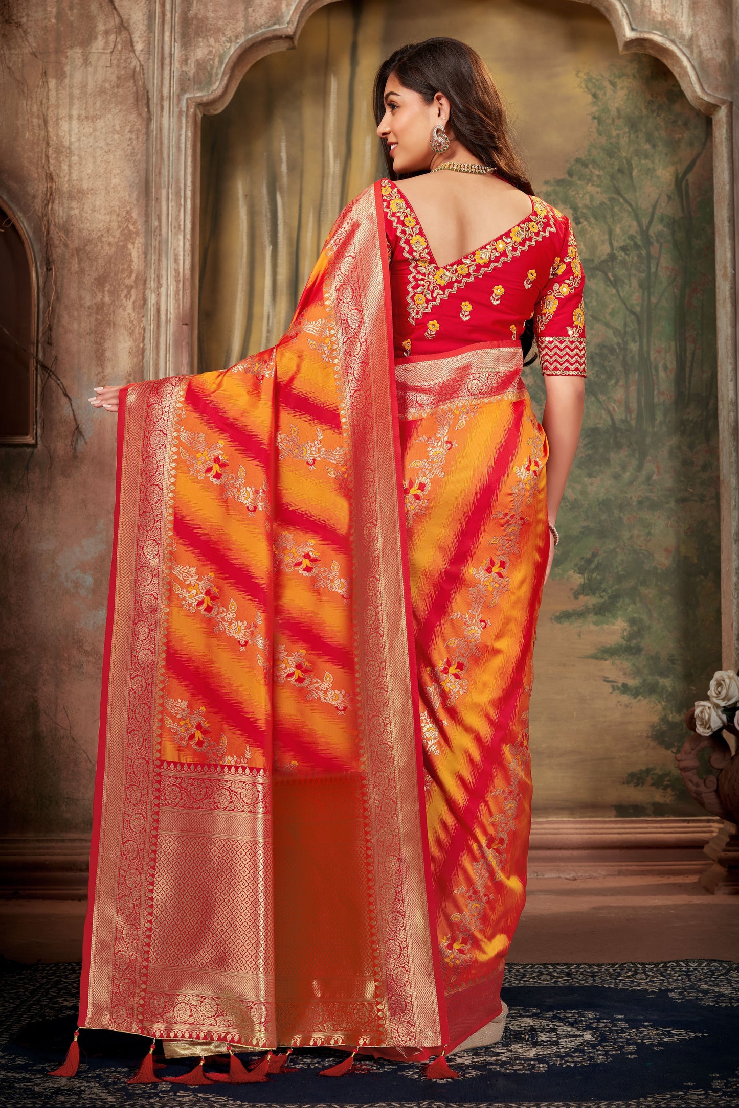 Women's Red and Orange Weaving Zari Work Banarasi Silk Classic Saree