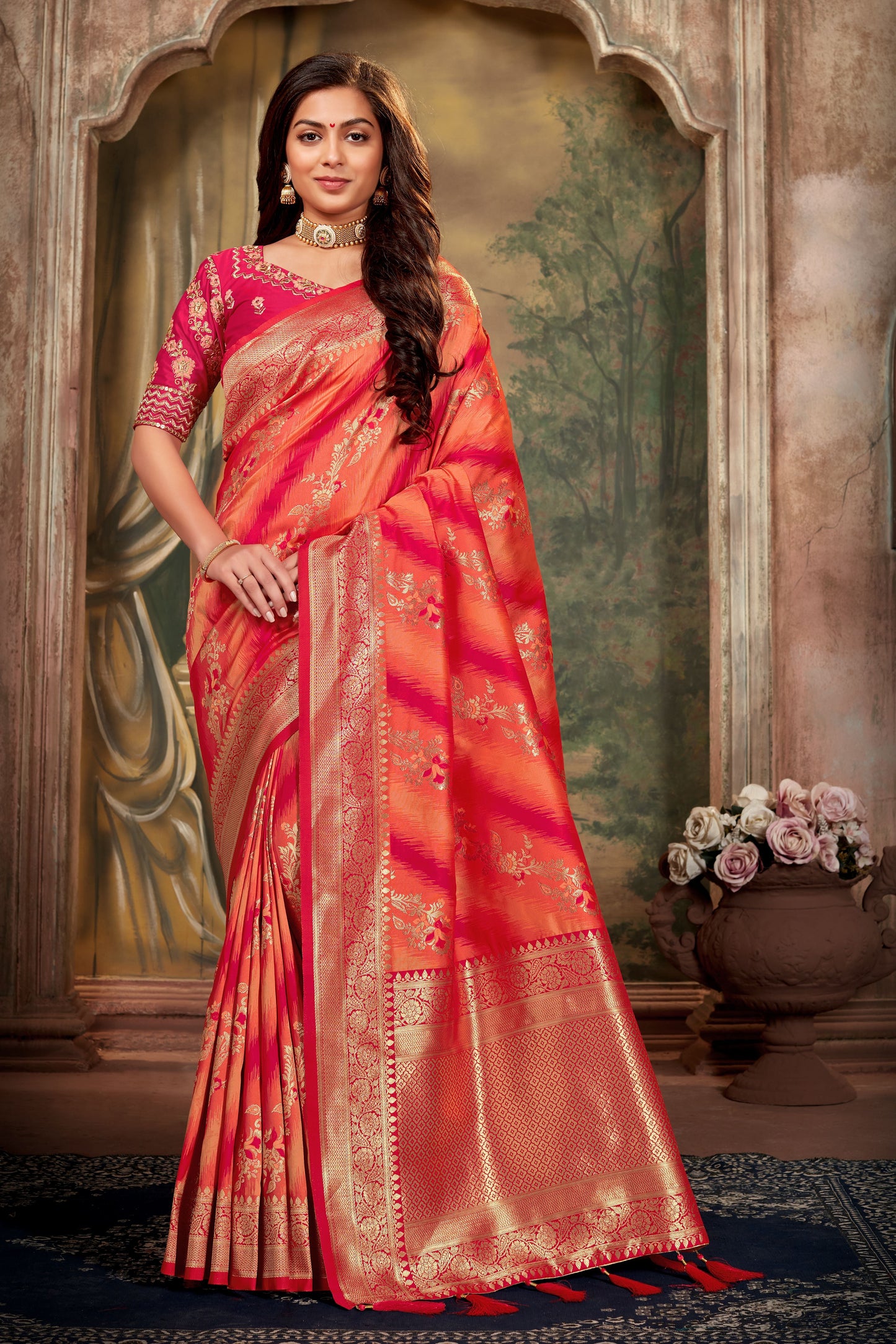 Women's Rani Pink Weaving Zari Work Banarasi Silk Classic Saree