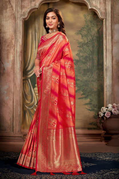 Women's Rani Pink Weaving Zari Work Banarasi Silk Classic Saree