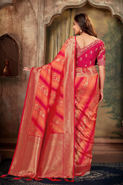 Women's Rani Pink Weaving Zari Work Banarasi Silk Classic Saree