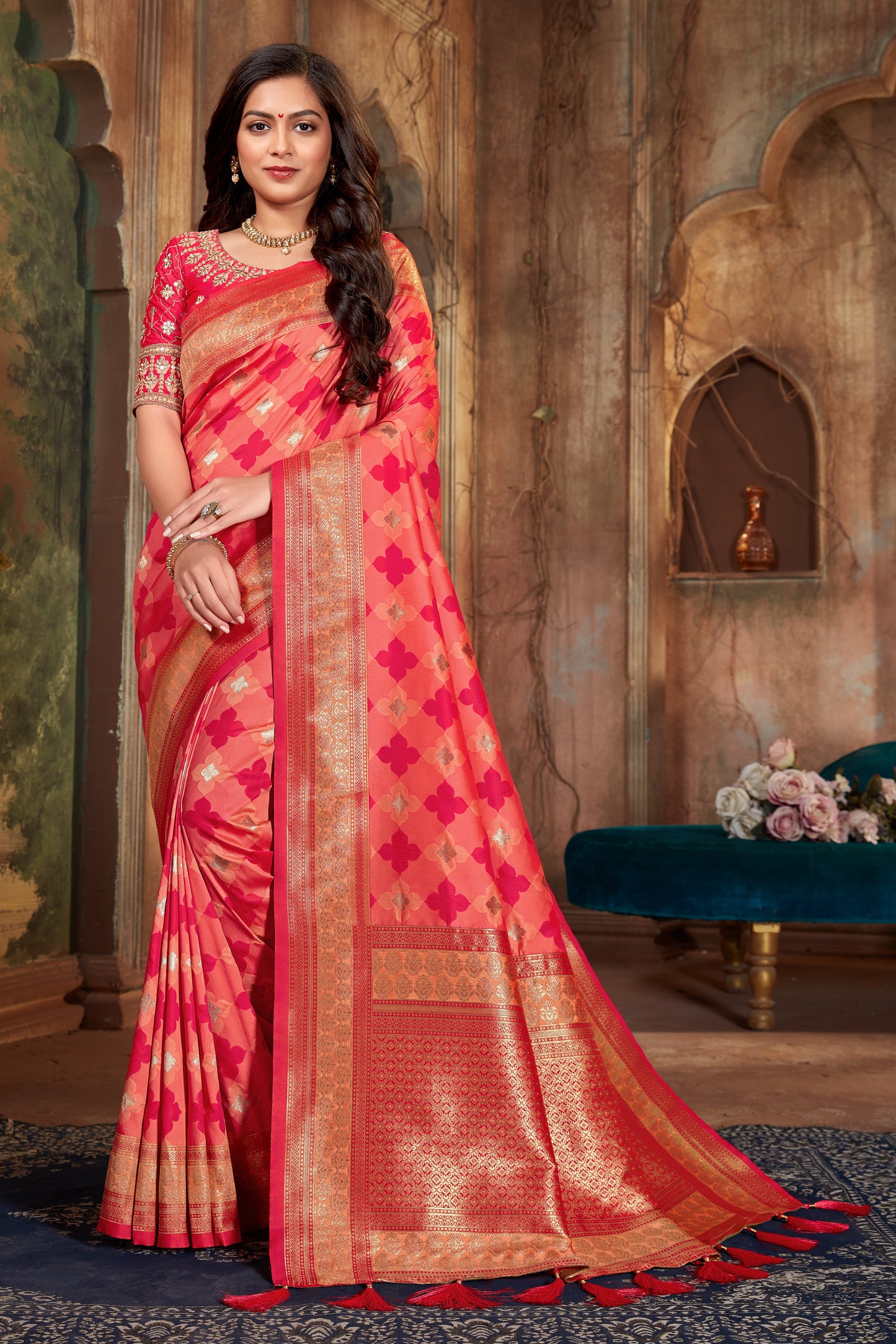 Women's Rani Pink Weaving Zari Work Banarasi Silk Classic Saree