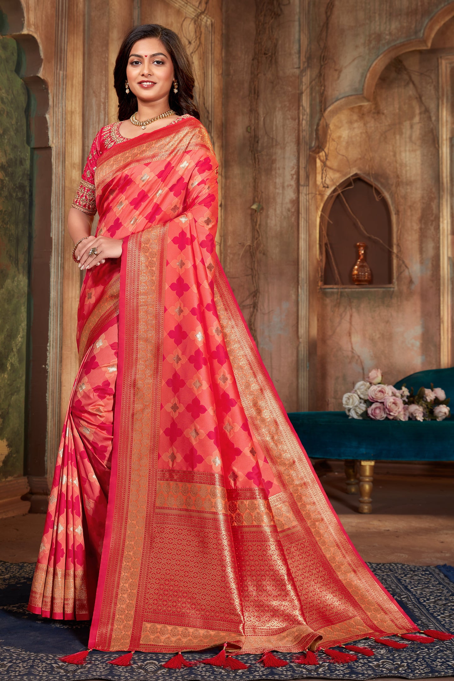 Women's Rani Pink Weaving Zari Work Banarasi Silk Classic Saree