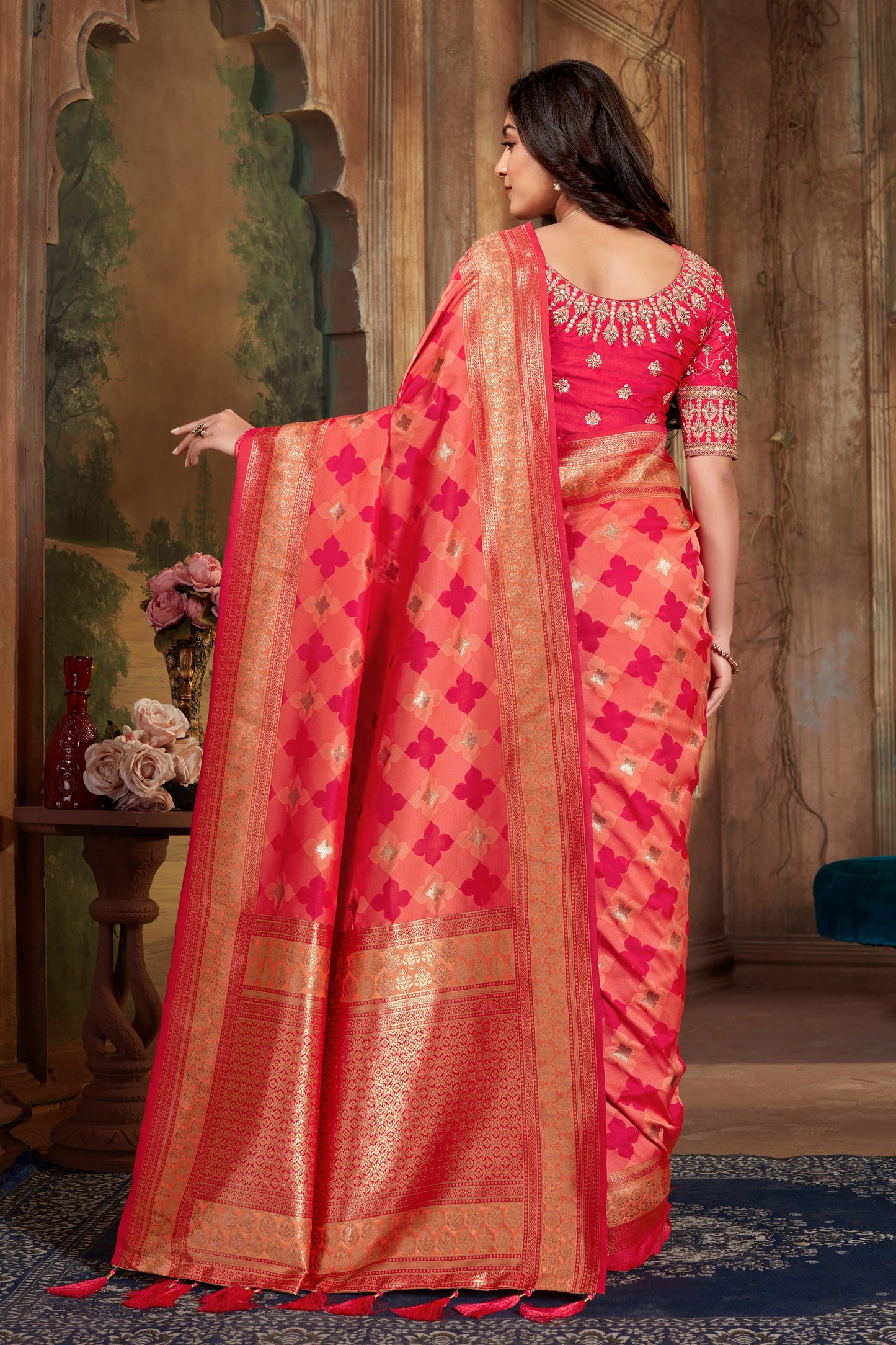 Women's Rani Pink Weaving Zari Work Banarasi Silk Classic Saree