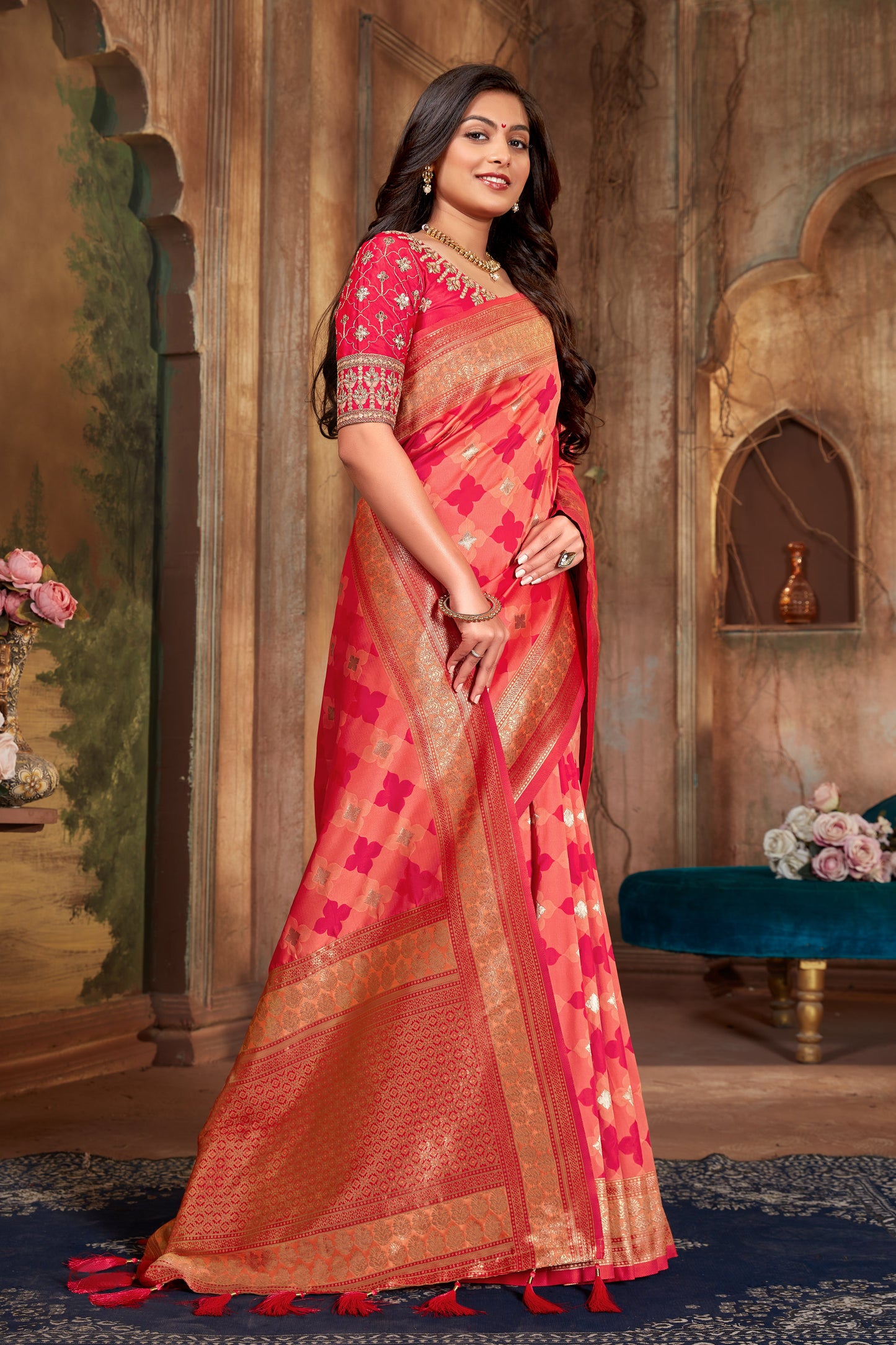 Women's Rani Pink Weaving Zari Work Banarasi Silk Classic Saree