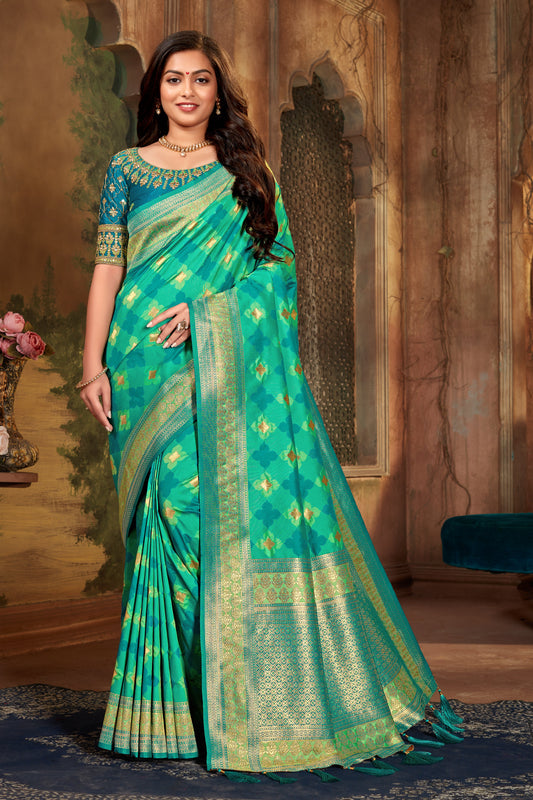 Women's Sea Green Banarasi Silk Classic Saree With Heavy Work Blouse