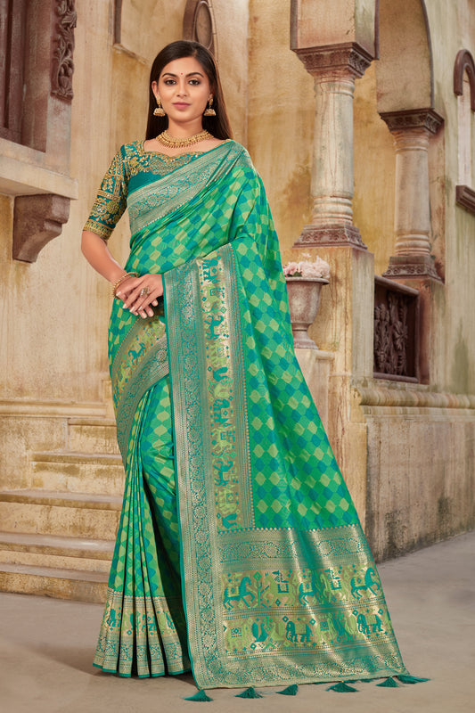 Women's Sea Green Banarasi Silk Classic Saree With Heavy Work Blouse