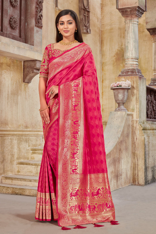 Women's Rani Pink Weaving Zari Work Banarasi Silk Classic Saree