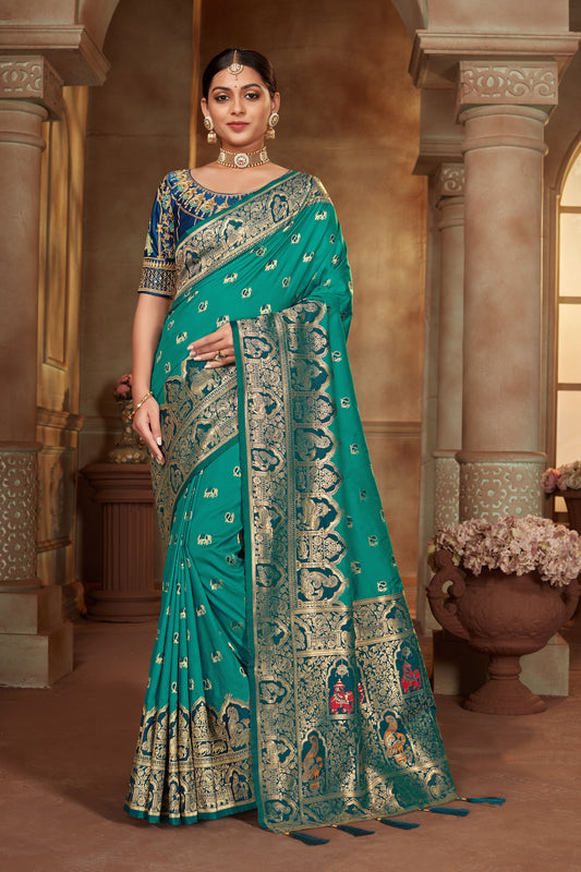 Women's Teal Color Banarasi Silk Woven Tradtional Saree With Heavy work Blouse