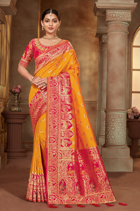 Women's Yellow Color Banarasi Silk Woven Tradtional Saree With Heavy work Blouse