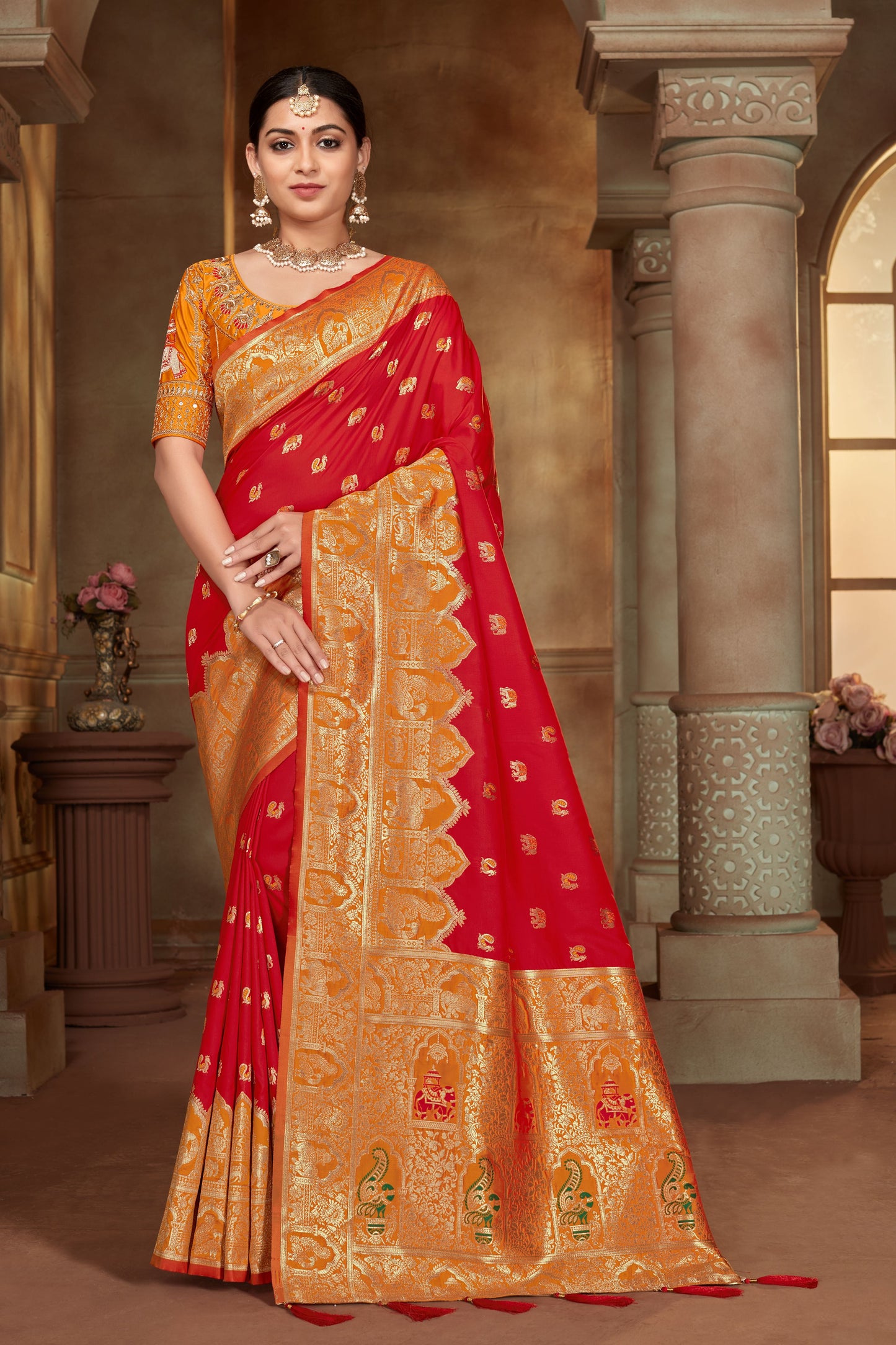 Women's Red Color Banarasi Silk Woven Tradtional Saree With Heavy work Blouse