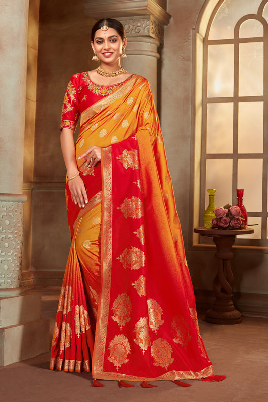 Women's Red and orange Color Banarasi Silk Woven Tradtional Saree With Heavy work Blouse