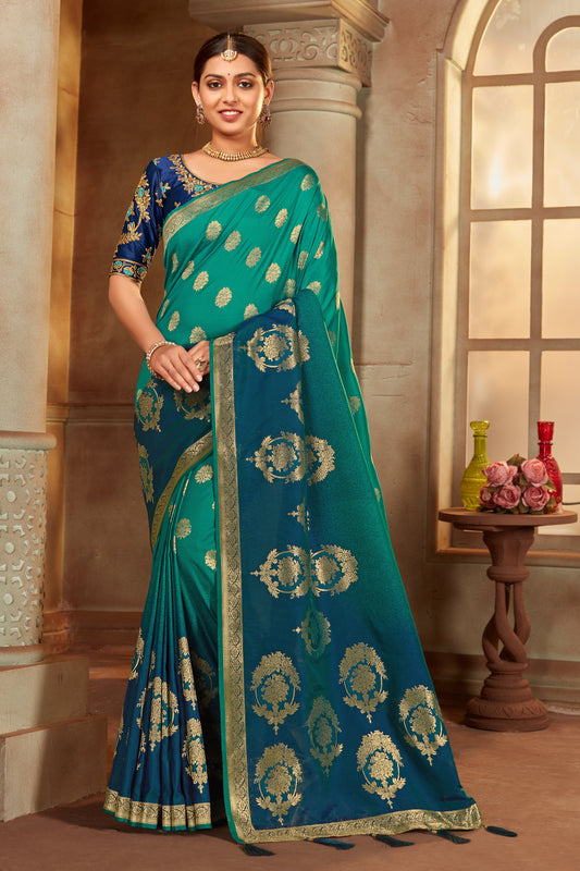 Women's Multi Color Banarasi Silk Woven Tradtional Saree With Heavy work Blouse