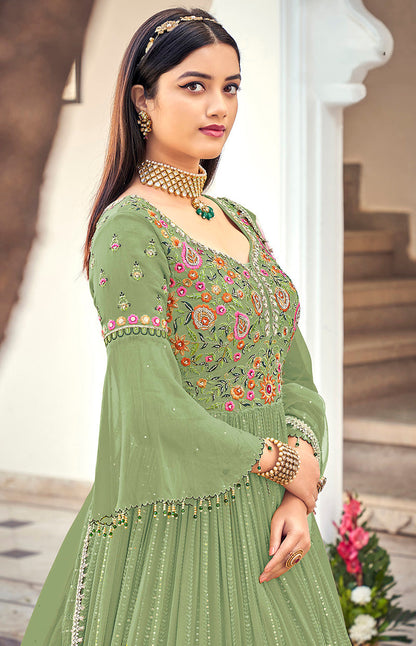 Women's Olive Green Embroidered Mehndi Trendy Salwar Kameez