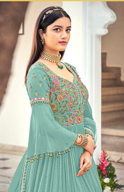 Women's Light blue Embroidered Mehndi Trendy Salwar Kameez