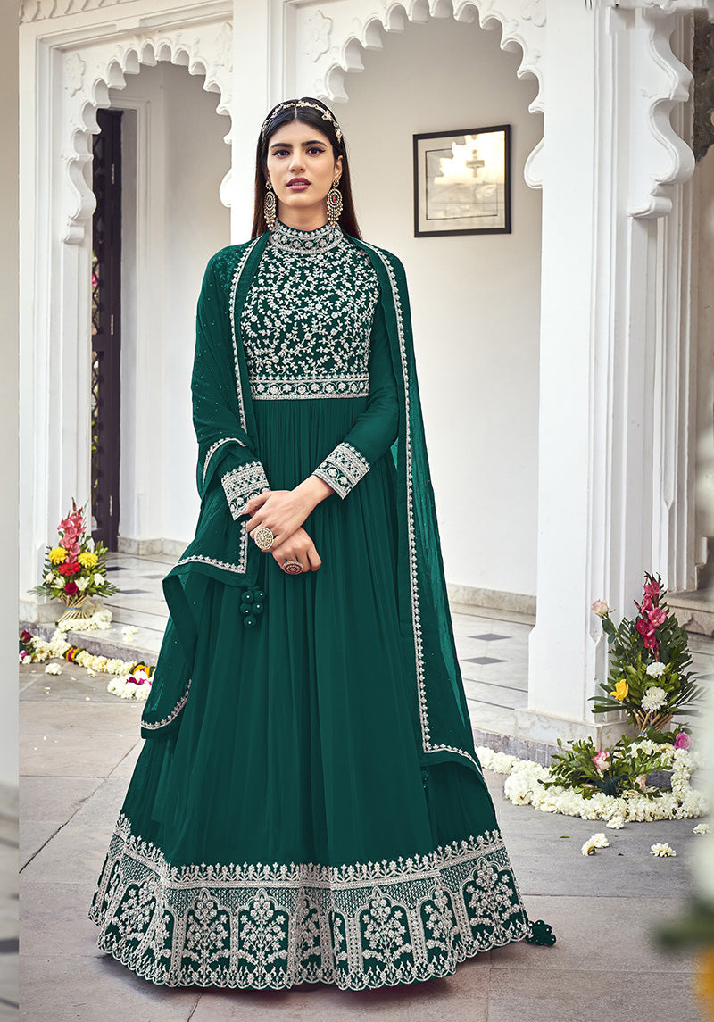 Women's Dark Green georgette embroidered full length Anarkali suit