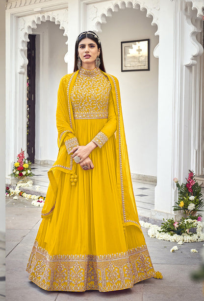 Women's Yellow georgette embroidered full length Anarkali suit