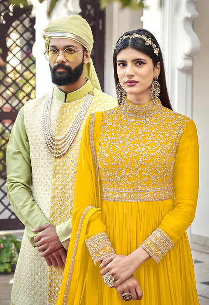 Women's Yellow georgette embroidered full length Anarkali suit