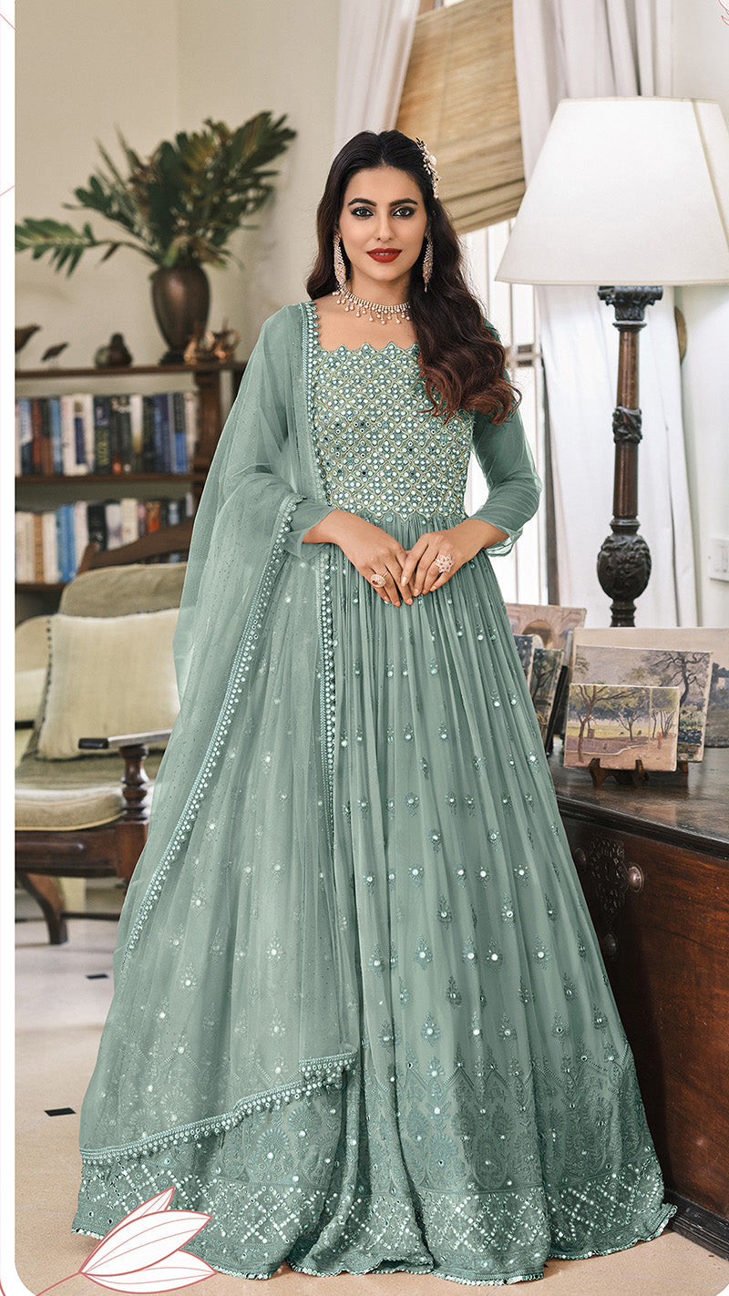 Women's Sea Green Embroidered Mehndi Trendy Anarkali Salwar Kameez