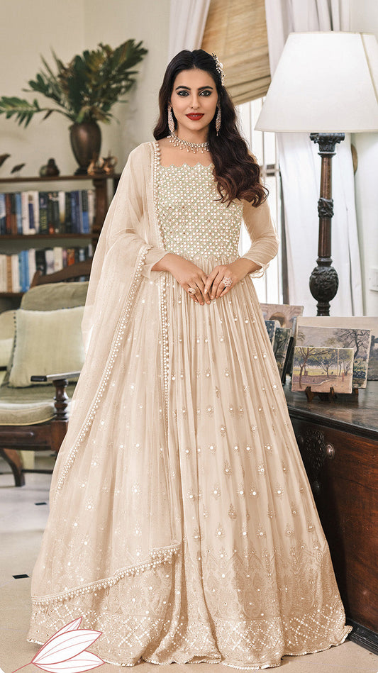 Women's Cream Embroidered Mehndi Trendy Anarkali Salwar Kameez