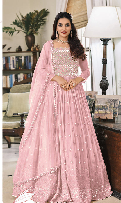 Women's Baby Pink Embroidered Mehndi Trendy Anarkali Salwar Kameez