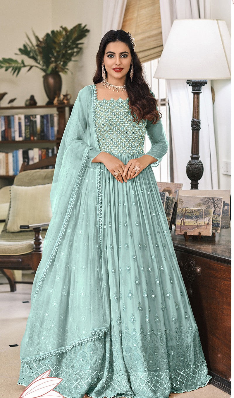 Women's Light blue Embroidered Mehndi Trendy Anarkali Salwar Kameez