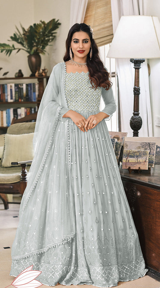 Women's Grey Embroidered Mehndi Trendy Anarkali Salwar Kameez