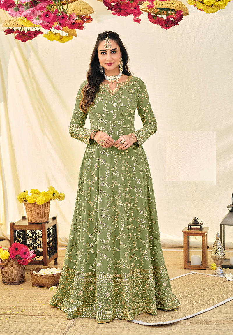 Women's Pista Green Color Georgette Heavy Work Full Length Anarkali Suit