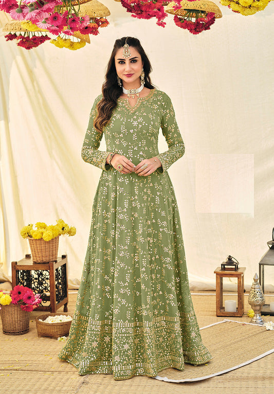 Women's Pista Green Color Georgette Heavy Work Full Length Anarkali Suit