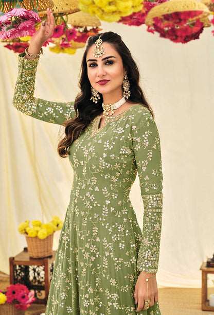 Women's Pista Green Color Georgette Heavy Work Full Length Anarkali Suit