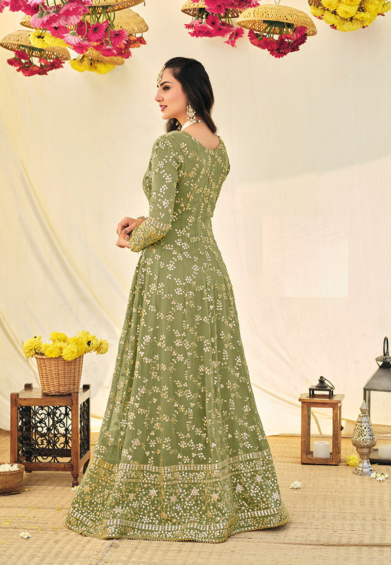 Women's Pista Green Color Georgette Heavy Work Full Length Anarkali Suit