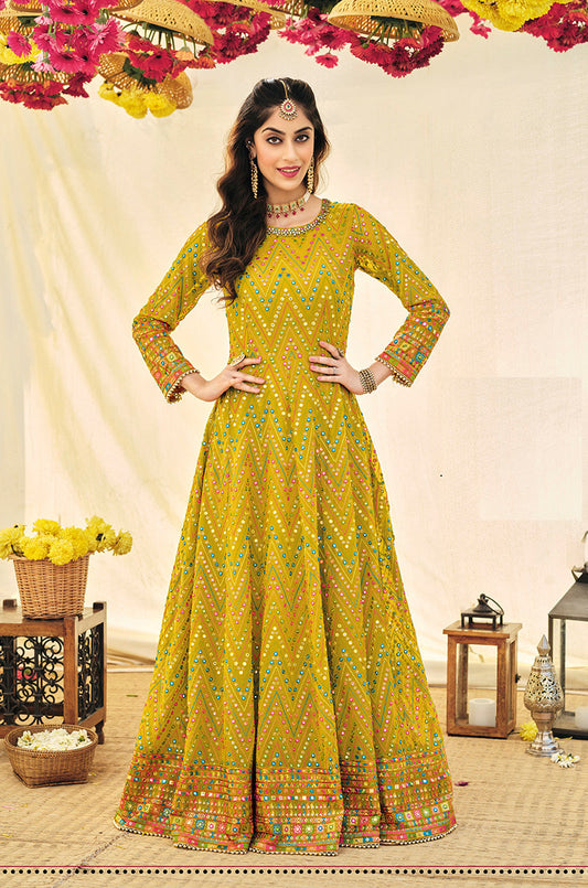 Women's Mustard Color Georgette Heavy Work Full Length Anarkali Suit