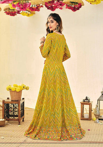 Women's Mustard Color Georgette Heavy Work Full Length Anarkali Suit