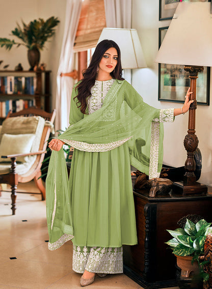 Women's Light Green Embroidered Georgette Sharara Salwar Kameez