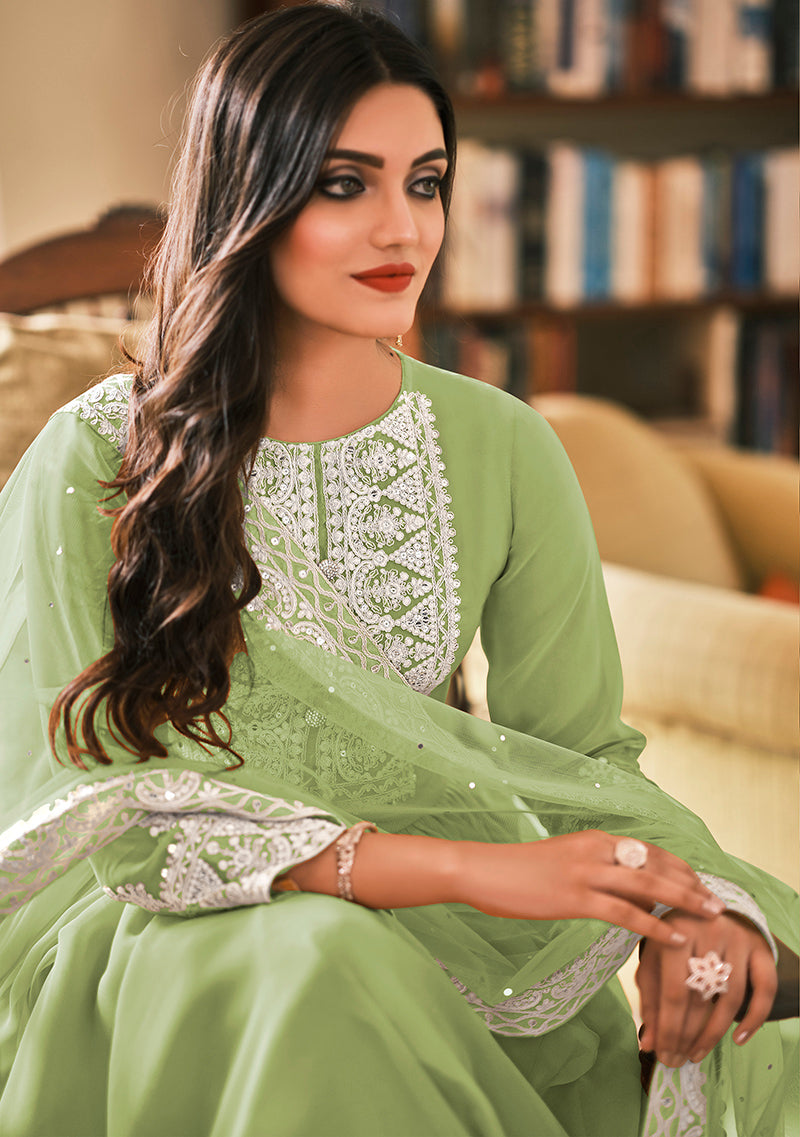 Women's Light Green Embroidered Georgette Sharara Salwar Kameez