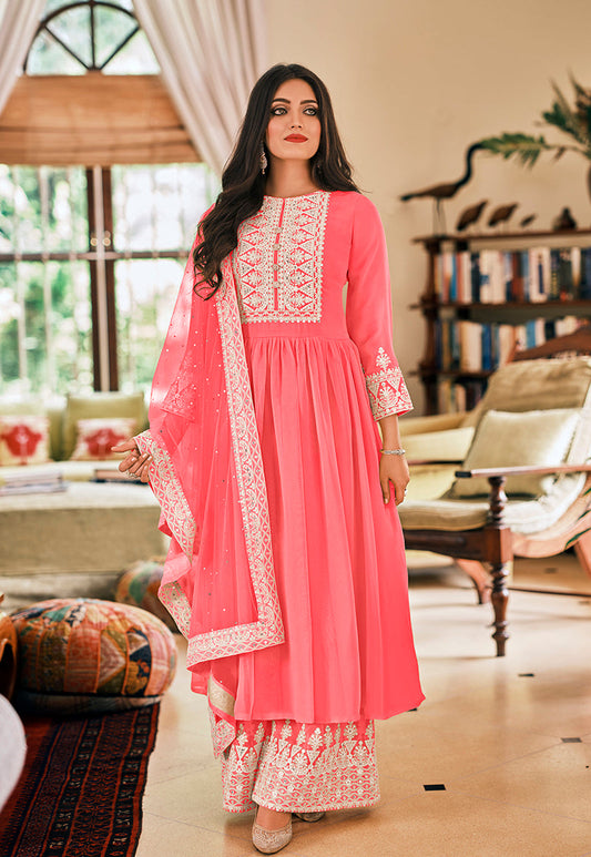 Women's Pink Embroidered Georgette Sharara Salwar Kameez