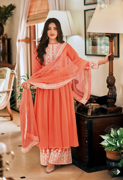 Women's Peach Embroidered Georgette Sharara Salwar Kameez