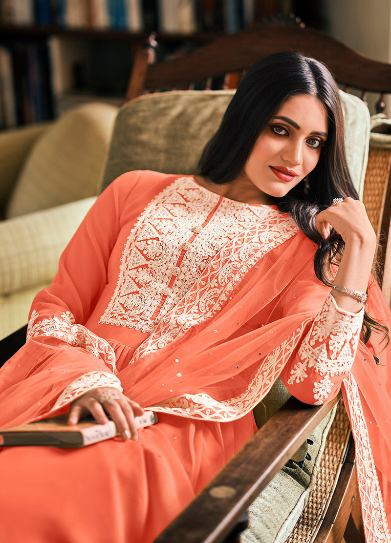 Women's Peach Embroidered Georgette Sharara Salwar Kameez