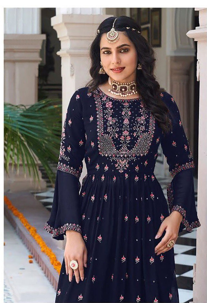 Women's Navy blue Georgette Embroidered Anarkali Salwar Kameez