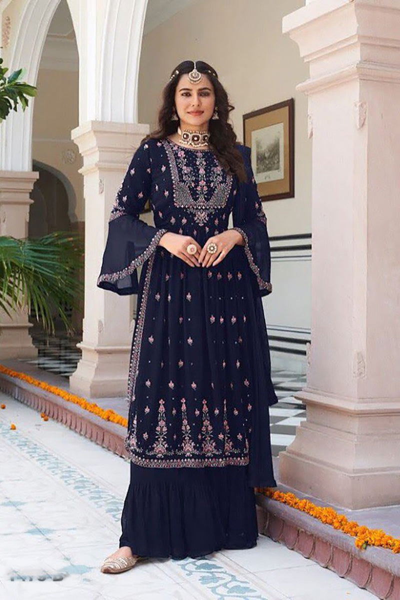 Women's Navy blue Georgette Embroidered Anarkali Salwar Kameez