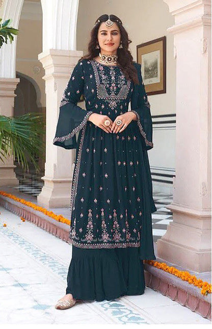 Women's Dark Teal Georgette Embroidered Anarkali Salwar Kameez