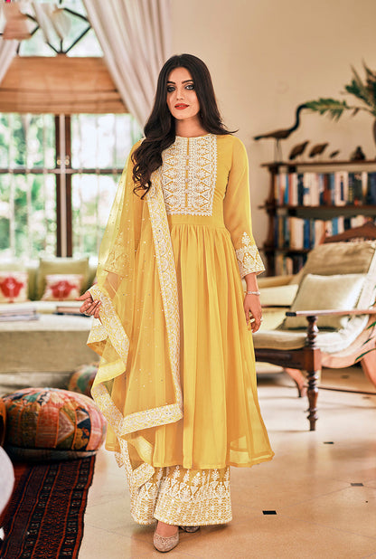 Women's Yellow Color Georgette Embroidered Party Salwar Suit