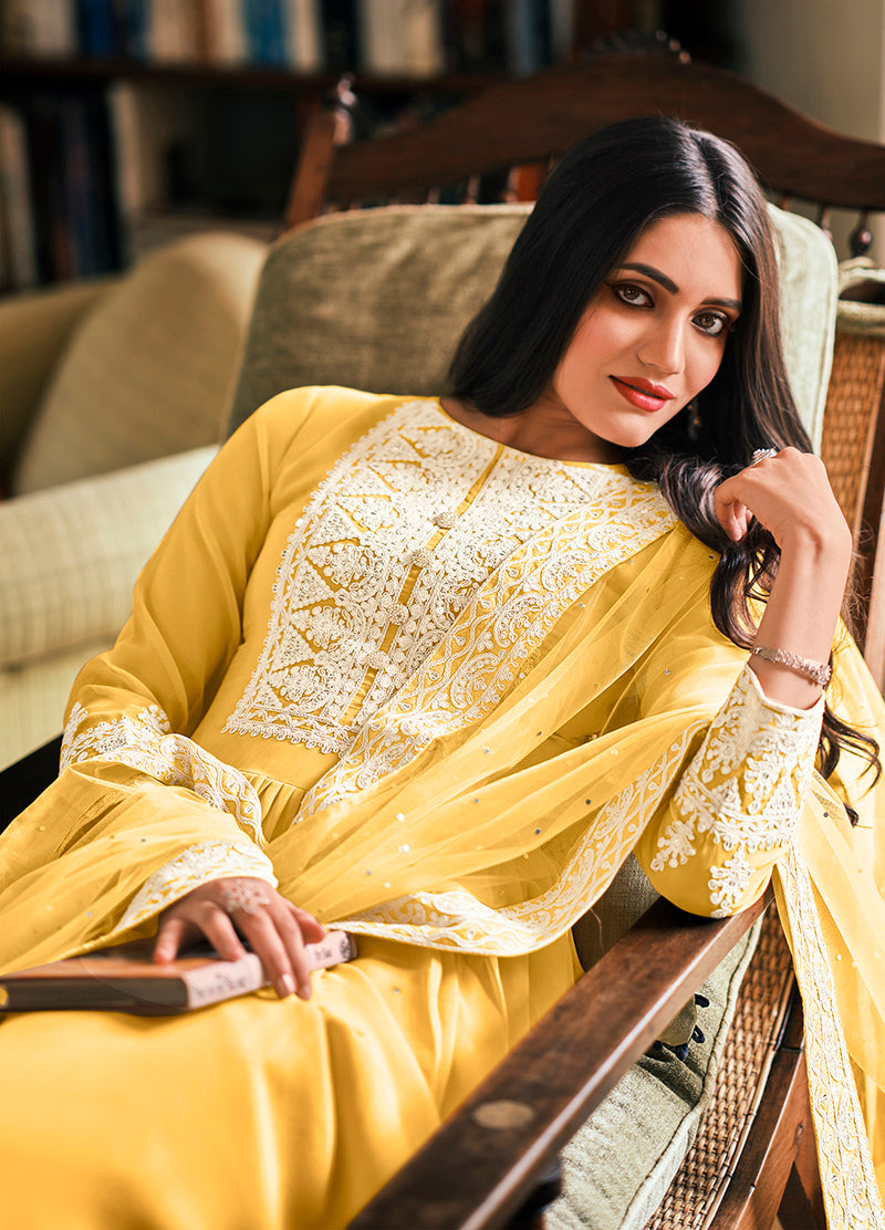 Women's Yellow Color Georgette Embroidered Party Salwar Suit