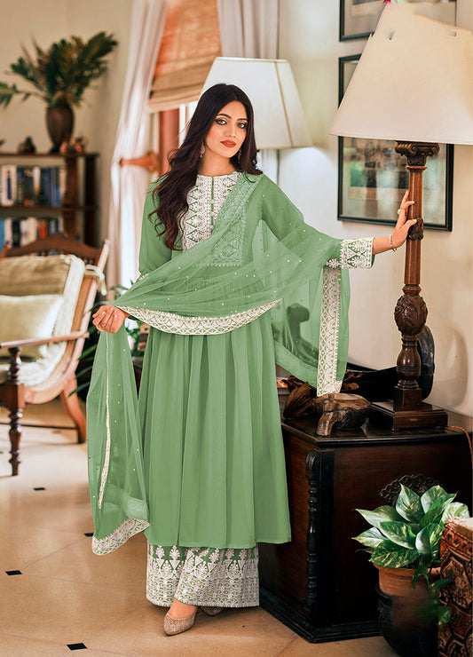 Women's Sea Green Color Georgette Embroidered Party Salwar Suit