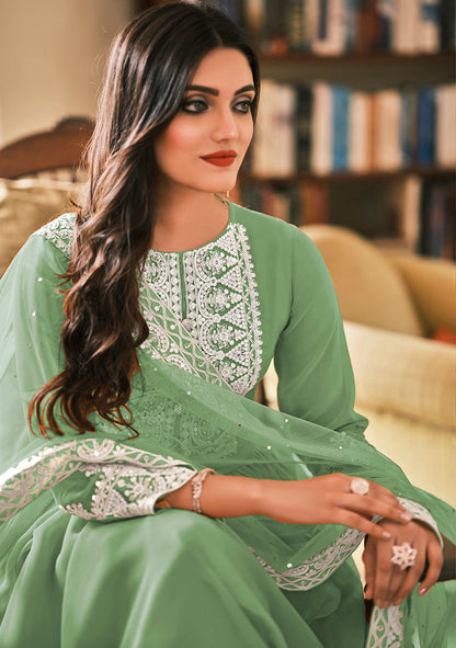 Women's Sea Green Color Georgette Embroidered Party Salwar Suit