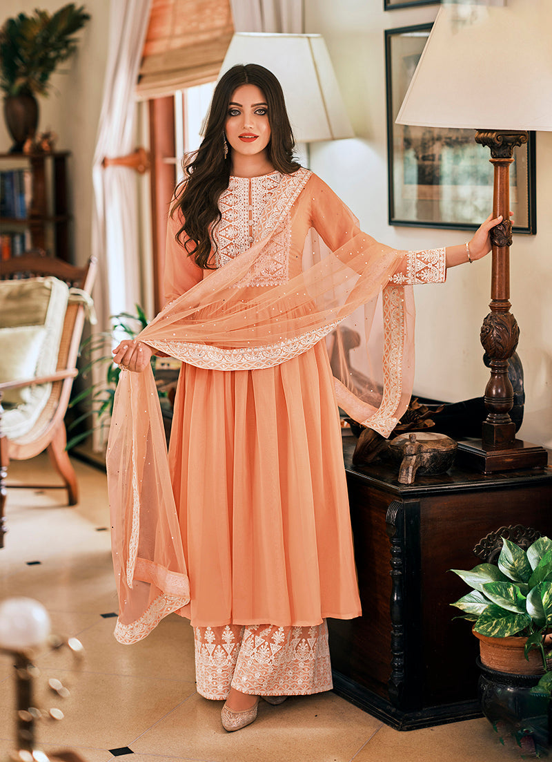 Women's Peach Color Georgette Embroidered Party Salwar Suit