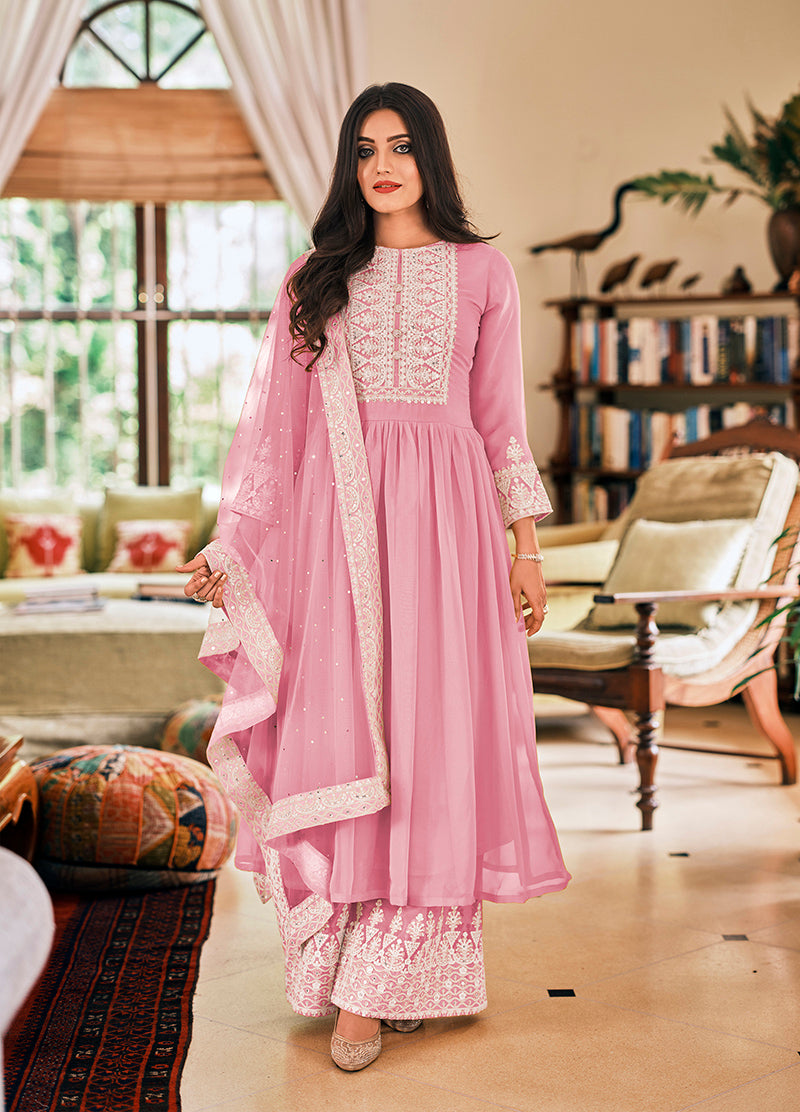 Women's Light Pink Color Georgette Embroidered Party Salwar Suit