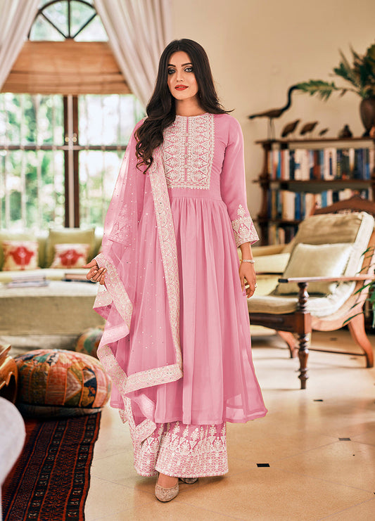 Women's Light Pink Color Georgette Embroidered Party Salwar Suit